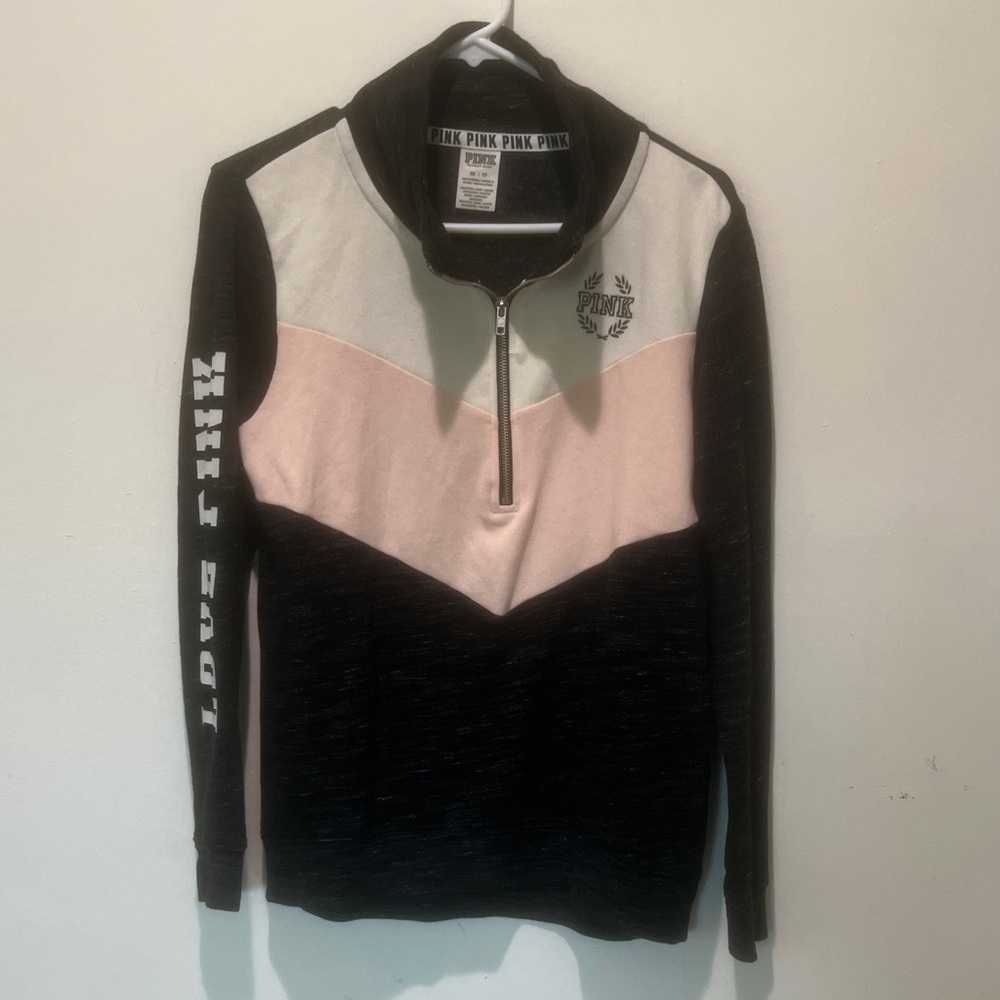 Victorias Secret Pink Colorblock Quarter Zip Pullover Sweatshirt Black Marl/Pink